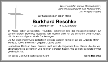 Traueranzeige von Burkhard Reschke von Memminger Zeitung
