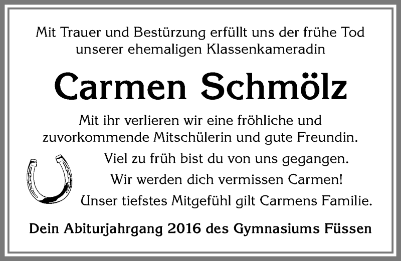  Traueranzeige für Carmen Schmölz vom 18.03.2019 aus Allgäuer Zeitung, Füssen
