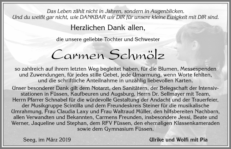  Traueranzeige für Carmen Schmölz vom 30.03.2019 aus Allgäuer Zeitung, Füssen