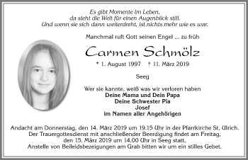 Traueranzeige von Carmen Schmölz von Allgäuer Zeitung