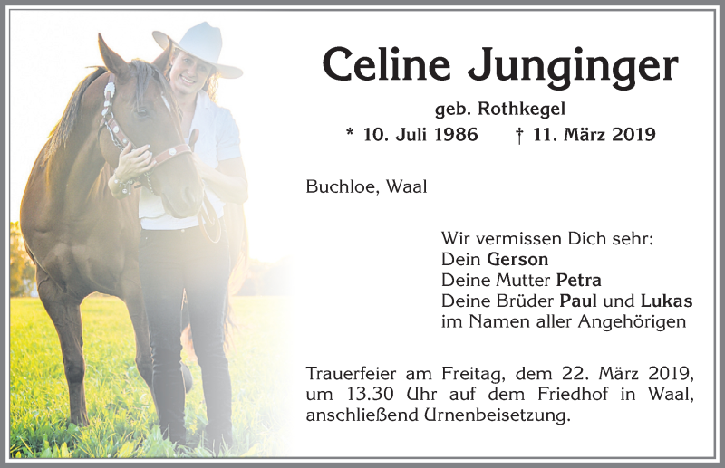  Traueranzeige für Celine Junginger vom 19.03.2019 aus Allgäuer Zeitung, Kaufbeuren/Buchloe