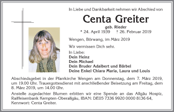 Traueranzeige von Centa Greiter von Allgäuer Zeitung,Kempten