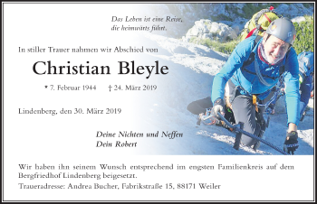 Traueranzeige von Christian Bleyle von Der Westallgäuer