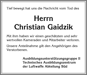 Traueranzeige von Christian Gaidzik von Memminger Zeitung