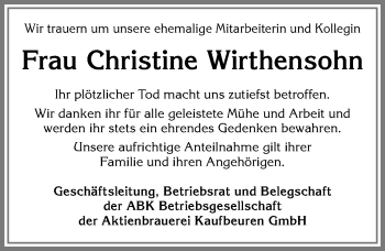 Traueranzeige von Christine Wirthensohn von Allgäuer Zeitung, Kaufbeuren/Buchloe