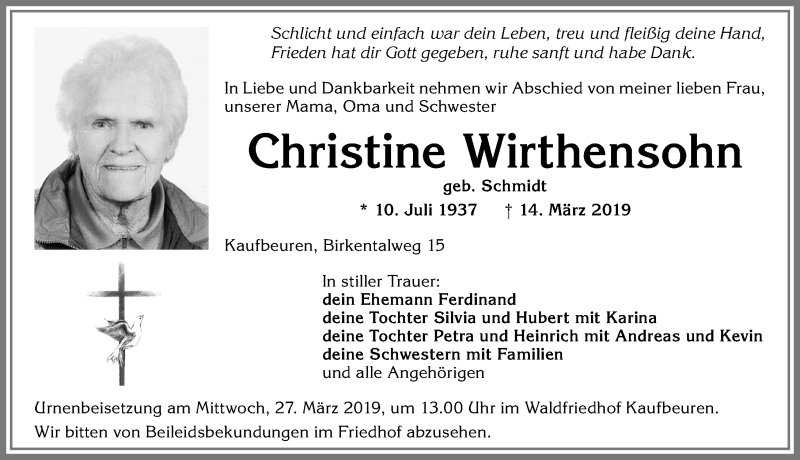  Traueranzeige für Christine Wirthensohn vom 20.03.2019 aus Allgäuer Zeitung, Kaufbeuren/Buchloe