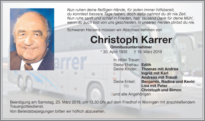 Traueranzeige für Christoph Karrer vom 21.03.2019 aus Memminger Zeitung