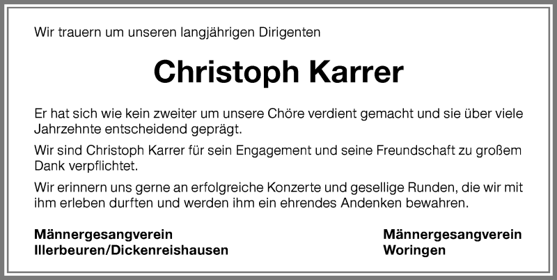  Traueranzeige für Christoph Karrer vom 30.03.2019 aus Memminger Zeitung