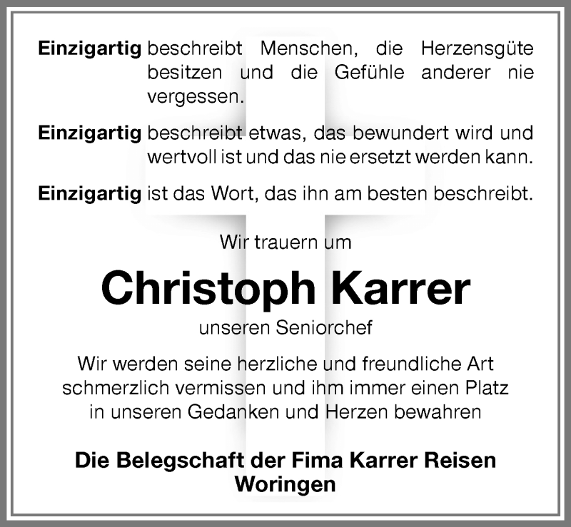  Traueranzeige für Christoph Karrer vom 26.03.2019 aus Memminger Zeitung