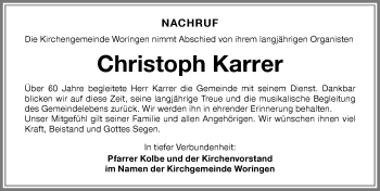 Traueranzeige von Christoph Karrer von Memminger Zeitung
