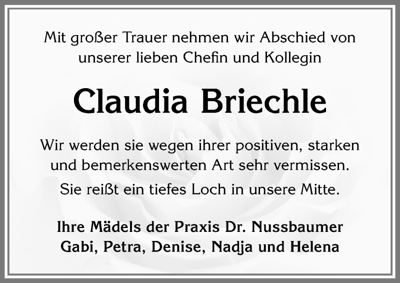  Traueranzeige für Claudia Briechle vom 30.03.2019 aus Allgäuer Zeitung,Kempten