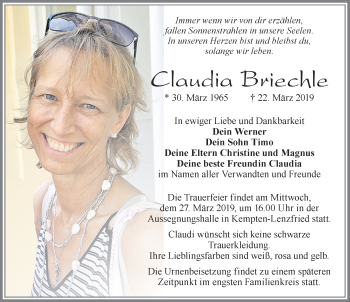 Traueranzeige von Claudia Briechle von Allgäuer Zeitung