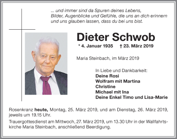 Traueranzeige von Dieter Schwob von Memminger Zeitung