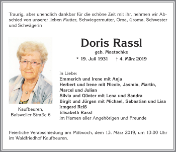 Traueranzeige von Doris Rassl von Allgäuer Zeitung, Kaufbeuren/Buchloe