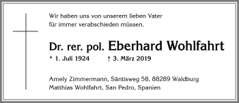 Traueranzeige von Eberhard Wohlfahrt von Allgäuer Zeitung,Kempten