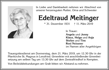 Traueranzeige von Edeltraud Meitinger von Allgäuer Zeitung,Kempten