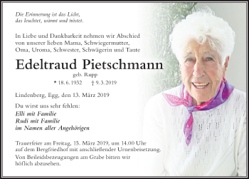 Traueranzeige von Edeltraud Pietschmann von Der Westallgäuer
