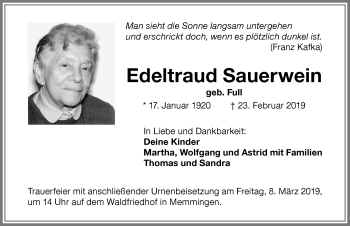 Traueranzeige von Edeltraud Sauerwein von Memminger Zeitung