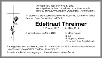 Traueranzeige von Edeltraut Threimer von Memminger Zeitung