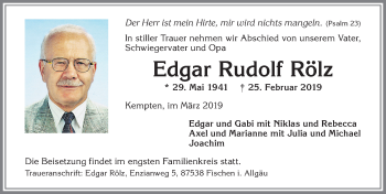 Traueranzeige von Edgar Rudolf Rölz von Allgäuer Zeitung,Kempten