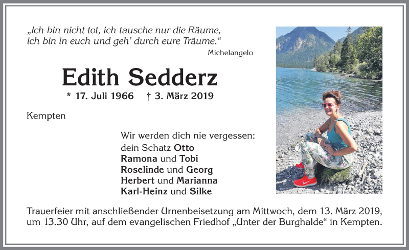  Traueranzeige für Edith Sedderz vom 09.03.2019 aus Allgäuer Zeitung,Kempten