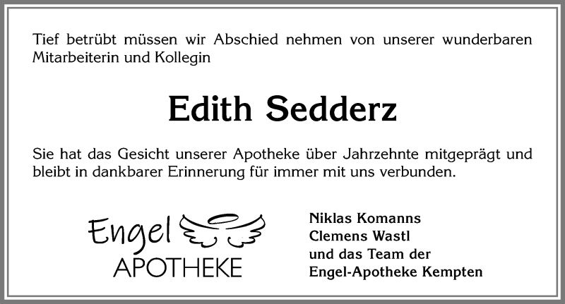  Traueranzeige für Edith Sedderz vom 09.03.2019 aus Allgäuer Zeitung,Kempten