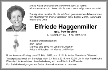 Traueranzeige von Elfriede Haggenmiller von Memminger Zeitung