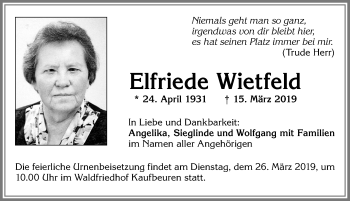 Traueranzeige von Elfriede Wietfeld von Allgäuer Zeitung, Kaufbeuren/Buchloe