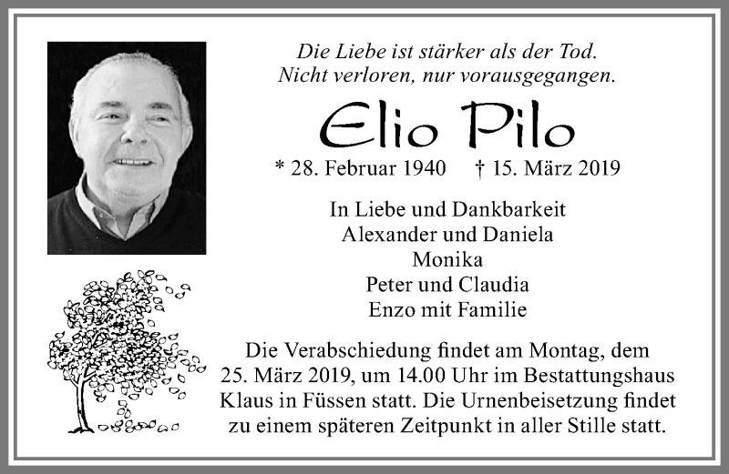  Traueranzeige für Elio Pilo vom 20.03.2019 aus Allgäuer Zeitung, Füssen