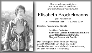 Traueranzeige von Elisabeth Brockelmanns von Allgäuer Zeitung, Füssen