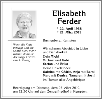 Traueranzeige von Elisabeth Ferder von Allgäuer Zeitung,Kempten