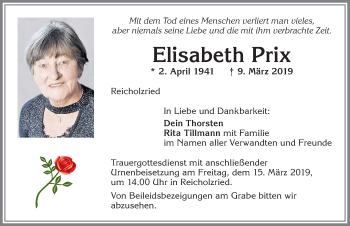 Traueranzeige von Elisabeth Prix von Allgäuer Zeitung,Kempten
