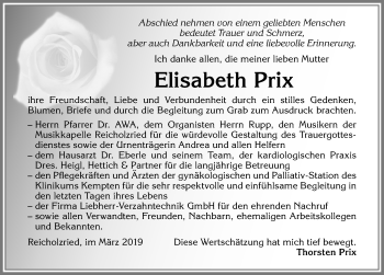 Traueranzeige von Elisabeth Prix von Allgäuer Zeitung,Kempten