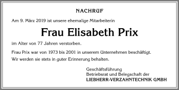 Traueranzeige von Elisabeth Prix von Allgäuer Zeitung,Kempten