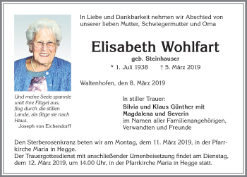 Traueranzeige von Elisabeth Wohlfart von Allgäuer Zeitung,Kempten