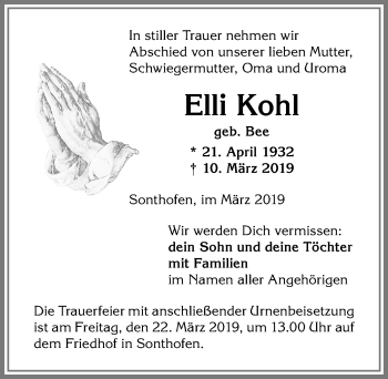Traueranzeige von Elli Kohl von Allgäuer Anzeigeblatt