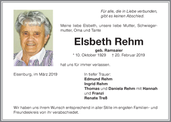 Traueranzeige von Elsbeth Rehm von Memminger Zeitung