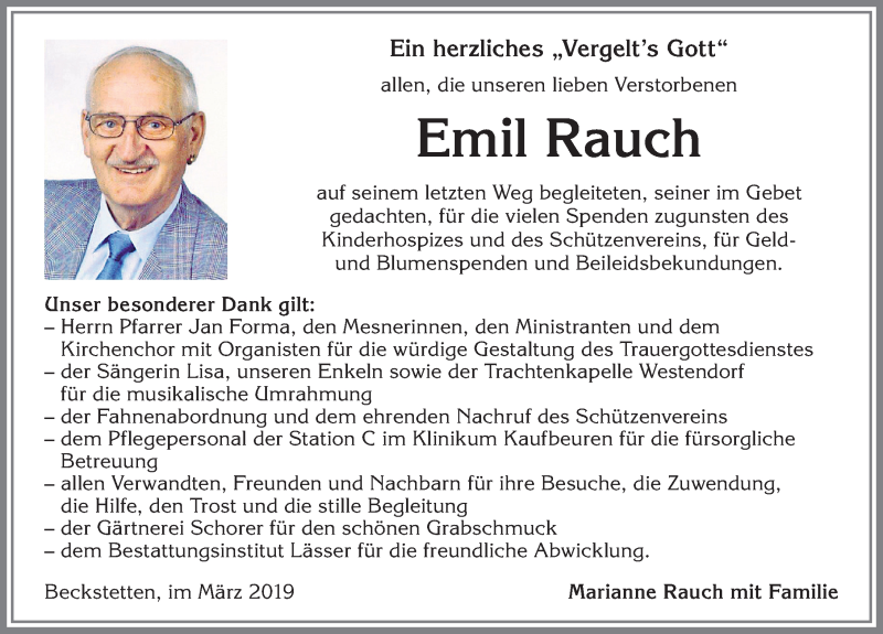  Traueranzeige für Emil Rauch vom 09.03.2019 aus Allgäuer Zeitung, Kaufbeuren/Buchloe