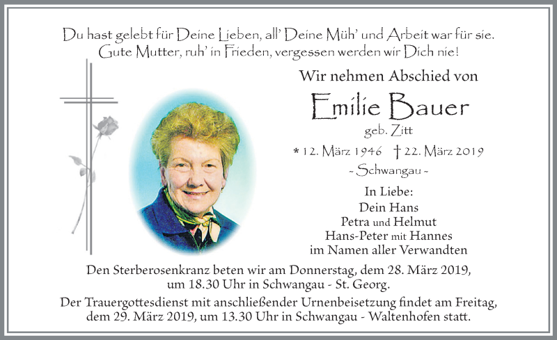  Traueranzeige für Emilie Bauer vom 26.03.2019 aus Allgäuer Zeitung, Füssen