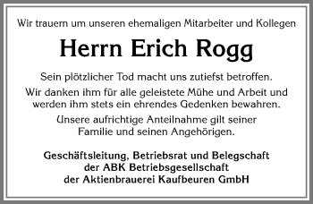 Traueranzeige von Erich Rogg von Allgäuer Zeitung, Kaufbeuren/Buchloe