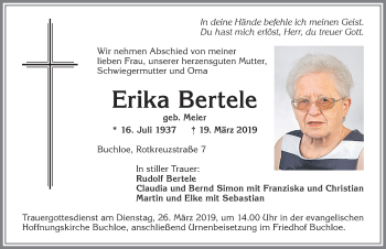 Traueranzeige von Erika Bertele von Allgäuer Zeitung, Kaufbeuren/Buchloe