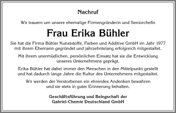 Traueranzeige von Erika Bühler von Allgäuer Zeitung,Kempten