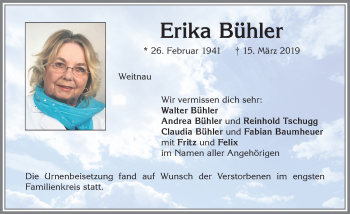 Traueranzeige von Erika Bühler von Allgäuer Zeitung,Kempten