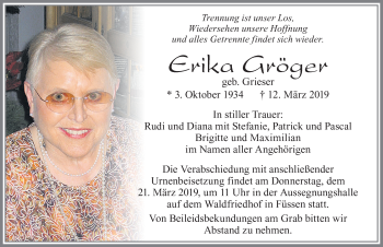 Traueranzeige von Erika Gröger von Allgäuer Zeitung, Füssen