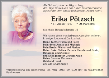 Traueranzeige von Erika Pötzsch von Allgäuer Zeitung, Kaufbeuren/Buchloe