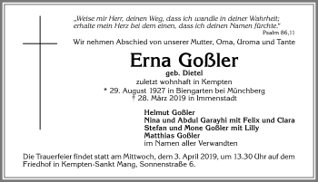Traueranzeige von Erna Goßler von Allgäuer Zeitung,Kempten