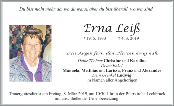 Traueranzeige von Erna Leiß von Allgäuer Zeitung, Füssen