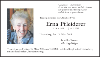 Traueranzeige von Erna Pf leiderer von Der Westallgäuer