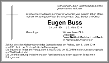 Traueranzeige von Eugen Buss von Memminger Zeitung