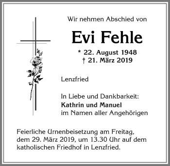 Traueranzeige von Evi Fehle von Allgäuer Zeitung,Kempten